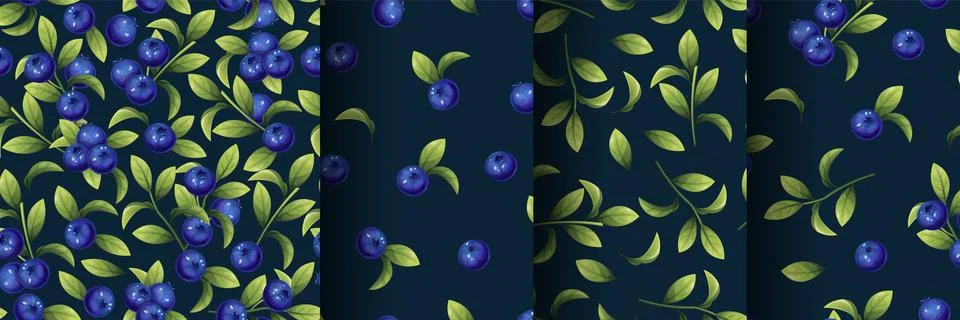 Set Seamless pattern of blueberries on a dark background. Texture of blue b.. Stock Illustration