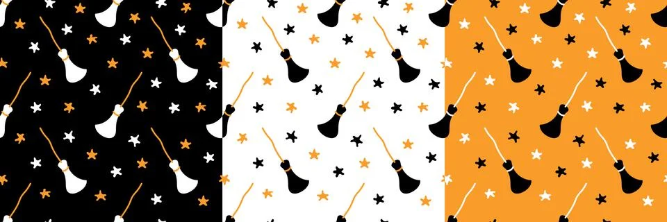 Set of seamless pattern with brooms and stars. Colorful vector illustration Stock Illustration