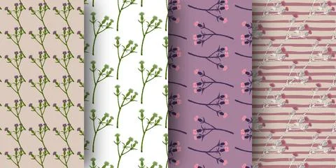 Set of seamless pattern with burdock branches ornament. Geometric flowers col Illustrazione stock