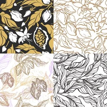 Set of seamless pattern. Cacao tree branch with leaf, bean. Vector botanical  Illustrazione stock