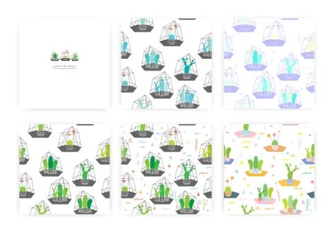 Set of seamless pattern with cactuses In glass terrariums. Background Illustr Stock Illustration