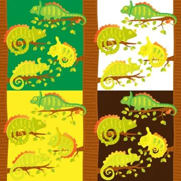 Set of seamless pattern with chameleons on the tree Illustrazione stock