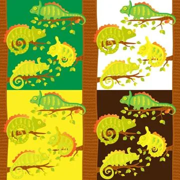 Set of seamless pattern with chameleons on the tree Set of seamless patter... Stockfoto's