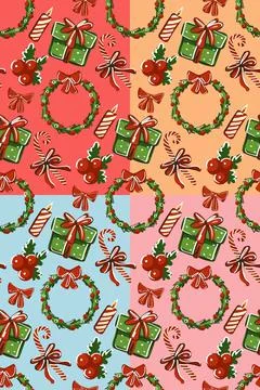 Set. Seamless pattern. Christmas gifts with sweets and a wreath. Stock Illustration