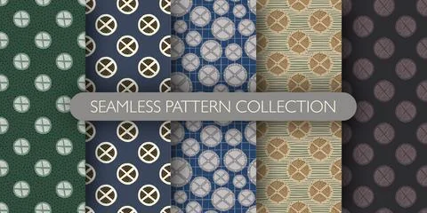 Set of seamless pattern with circle wood shield silhouettes. Stock Illustration