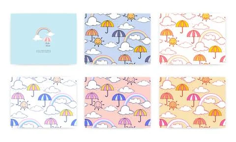 Set of seamless pattern with cute rainbow and umbrella. Vector illustration b Stock Illustration