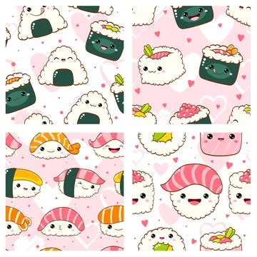 Set of seamless pattern with cute sushi and roll in kawaii style with smili.. Stockillustratie
