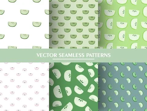 Set of seamless pattern with doodle apple slices ornament. Green apple slice  Stockillustratie