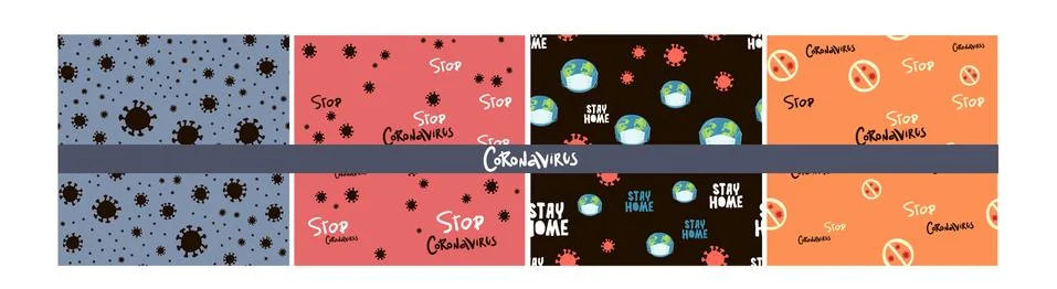 Set seamless pattern doodle Coronavirus isolated on red background. Global ep Stock Illustration