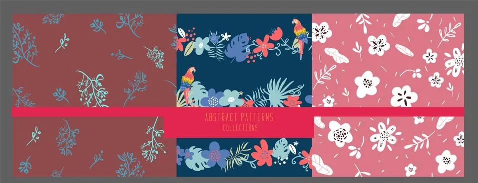 Set of seamless pattern with doodle Exotic tropical jungle rainforest frame Stock Illustration