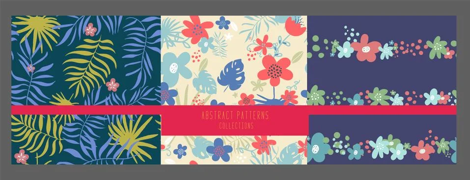 Set of seamless pattern with doodle Exotic tropical jungle rainforest frame Stock Illustration