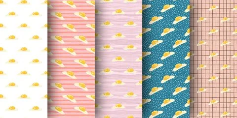 Set of seamless pattern with doodle omelette elements. Egg simple meal artwor Stock Illustration