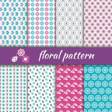 Set seamless pattern with flowers and bugs Stock Illustration