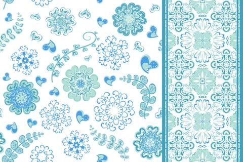 Set of seamless pattern with flowers with snowflakes and border, fantasy floral Stock Illustration