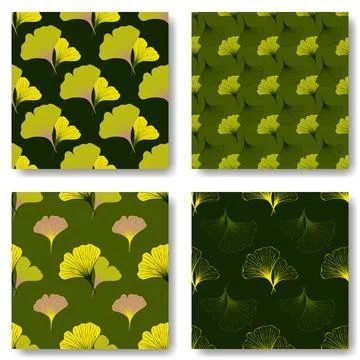 Set of seamless pattern with green Ginkgo leaves. 库存插图