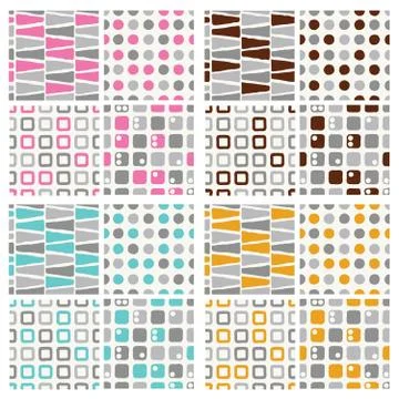 Set of seamless pattern - grey with pink, brown, blue and orange Stock Illustration