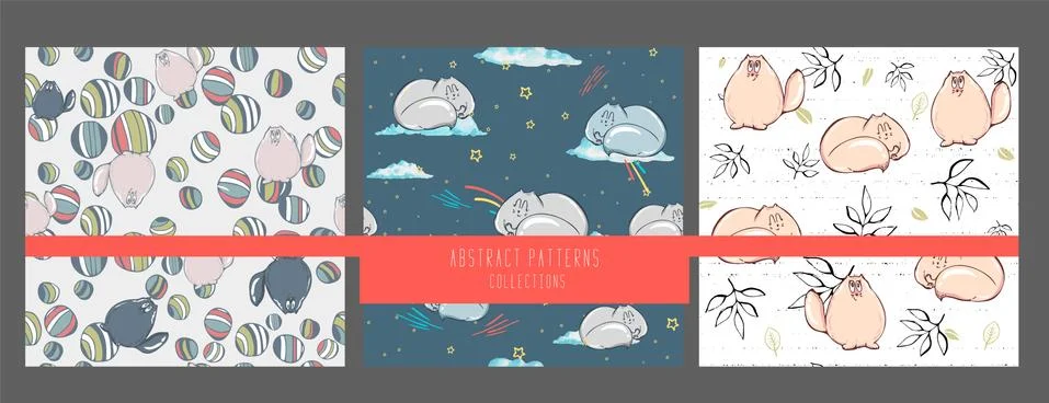 Set of seamless pattern with hand drawing textured cute cats in cartoon doodl Stock Illustration