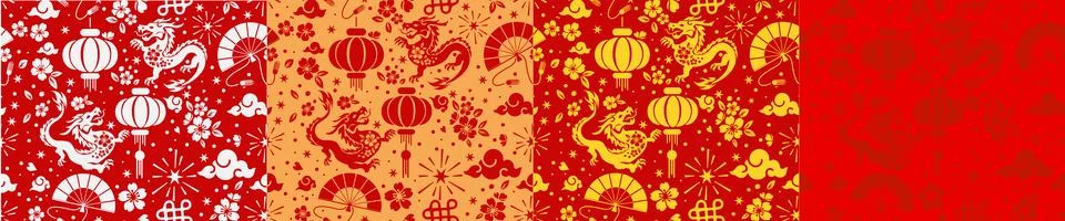 Set Seamless pattern happy chinese new year the dragon zodiac sign with asi.. Stock Illustration