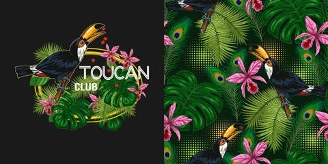 Set of seamless pattern, label with toucan, tropical foliage, halftone shapes Stock Illustration