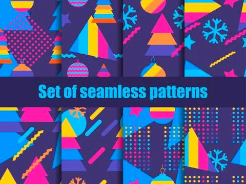 Set of seamless pattern memphis with snowflakes and fir-trees. Collection of  Stock Illustration