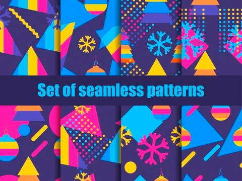 Set of seamless pattern memphis with snowflakes and fir-trees. Collection of  Illustrazione stock