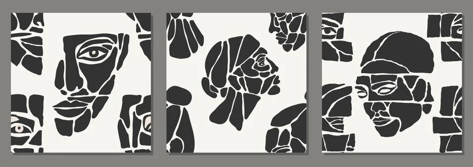 Set of seamless pattern of minimalist contemporary portrait woman beauty Stock Illustration