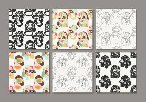 Set of seamless pattern with minimalist contemporary portrait surreal face Stock Illustration