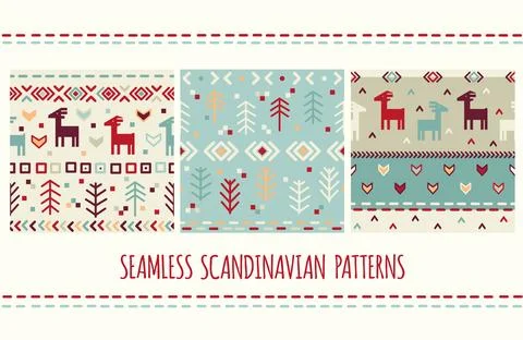 Set of seamless pattern with nordic tribal ornament with deer. Scandinavian.. Stock Illustration
