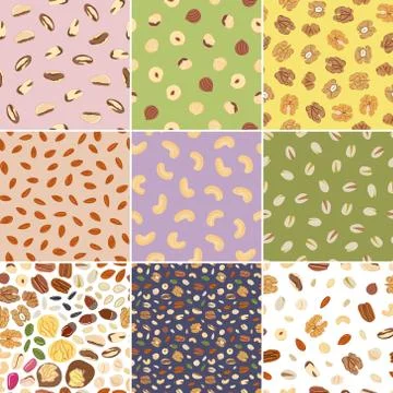Set of seamless pattern of nuts and seeds. Kitchen, cooking print. Stock Illustration