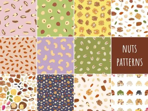 Set of seamless pattern of nuts and seeds. Kitchen, cooking print. Stock Illustration