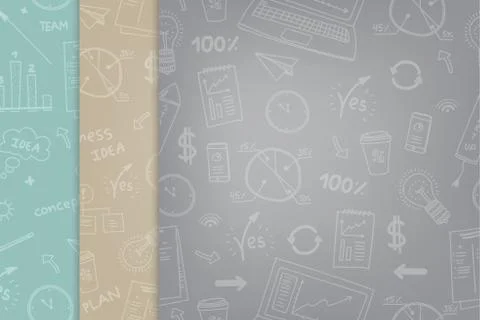 Set of seamless pattern with offices elements. White lines, hand drawn style. Stock Illustration