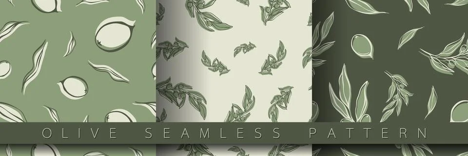 Set of seamless pattern with olive Branch in Minimal Liner Style. Stockillustratie