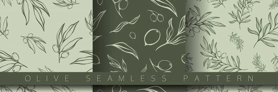 Set of seamless pattern with olive Branch in Minimal Liner Style. Stock Illustration