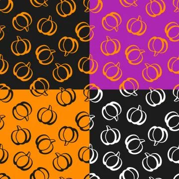 Set of seamless pattern with orange pumpkin. Black halloween design. Vector Stock Illustration