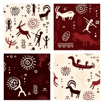 Set of seamless pattern with prehistoric petroglyphs - humans and animals. .. Stock Illustration