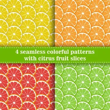 Set of seamless pattern with sliced pieces of citrus. Lemon, orange, grapefruit Stock Illustration