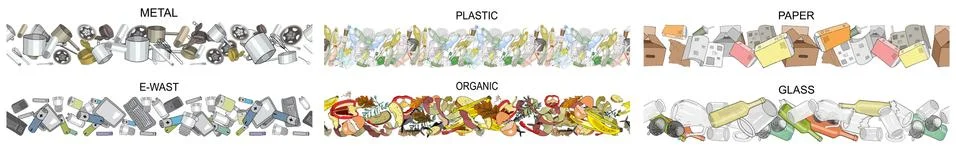 Set of seamless pattern with sorted garbage isolated on white background. Stock Illustration