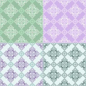 Set of seamless pattern with squares from green, white, violet, purple outlin Stock Illustration