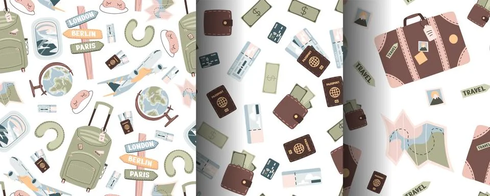 Set of seamless pattern with tourist items. Endless background with luggage,  Stock Illustration