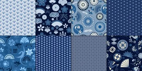 Set seamless pattern with traditional ornaments elements symbols of Japanese イラスト素材