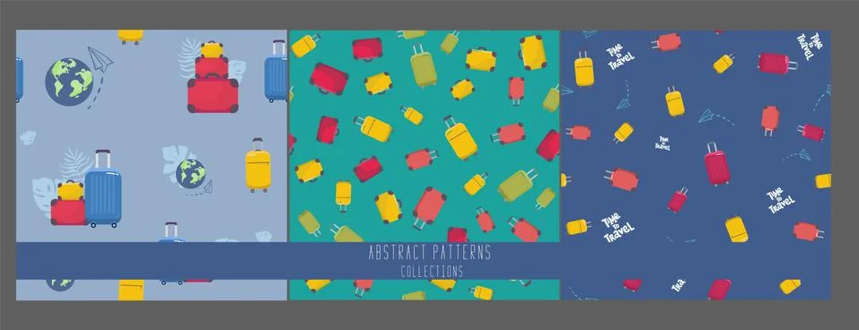 Set of Seamless pattern with travelers suitcases. Vector texture for wrapping Stock Illustration