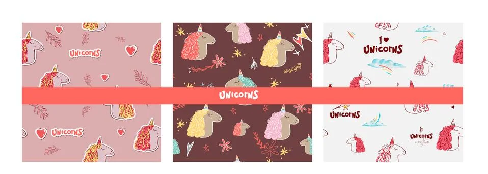Set Seamless pattern with Unicorn. Vector illustration on white pink backgrou Stock Illustration