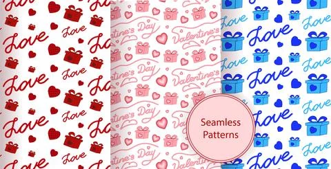 Set seamless pattern Valentines day. Red, blue, pink. Heart, gifts, inscripti Stock Illustration