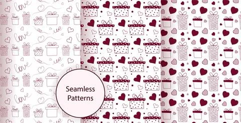 Set seamless pattern Valentines day. Viva magenta Heart, gifts, inscription.. Stock Illustration