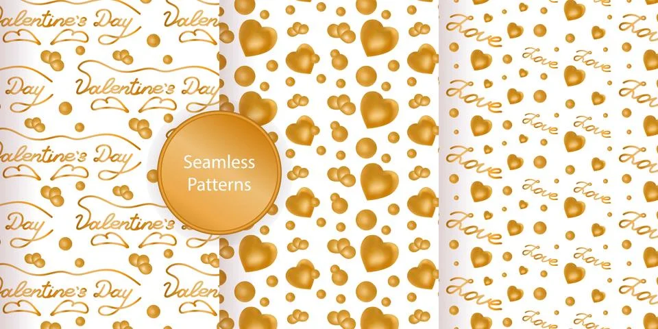 Set seamless pattern Valentines day. Golden color. Heart, inscription, love.  Stock Illustration