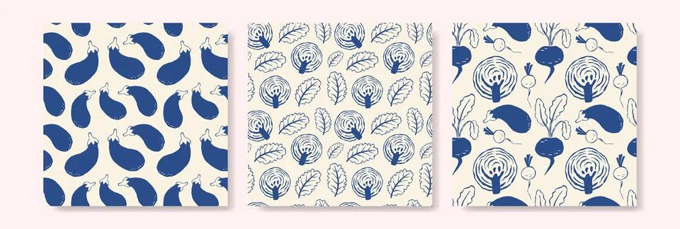Set of seamless pattern with vegetable on cream background Stock Illustration