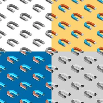 Set of seamless patterns with 3d red blue magnet in shape of horseshoe Stock Illustration