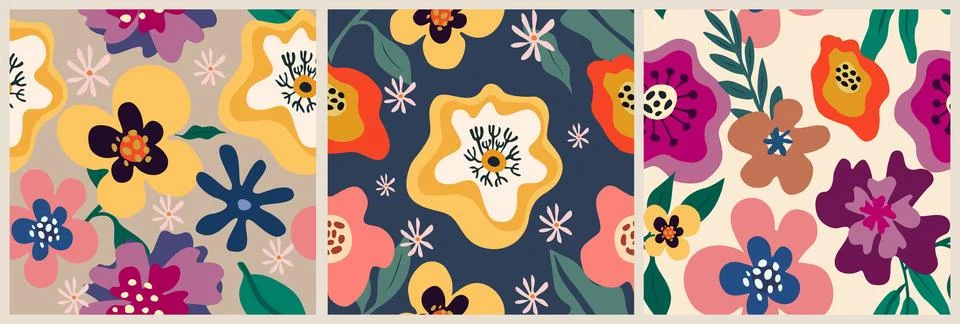 Set of seamless patterns with abstract flowers. Stock Illustration