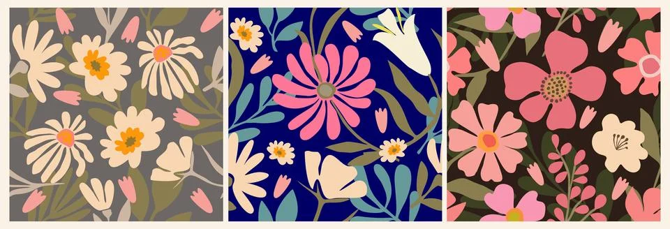 Set of seamless patterns with abstract flowers. Stock Illustration