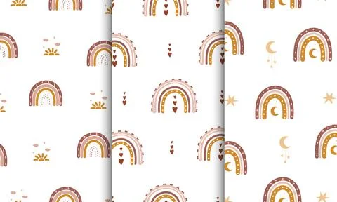Set of seamless patterns with abstract rainbow, moon and sun. Contemporary Stock Illustration
